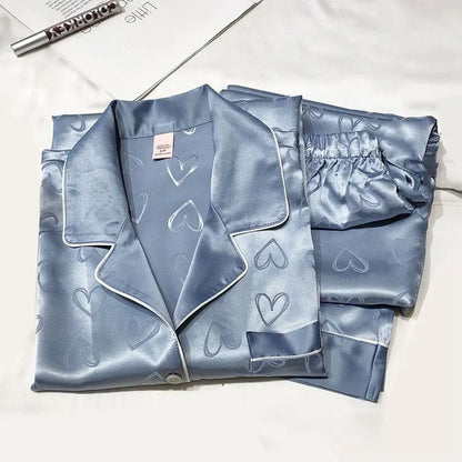 Ice Silk Pajamas Women's Long Sleeve Lace Premium Sense Two Piece Suit Sweet Homewear Love Blue Ladies Sleepwear Loungewear - Smarsty