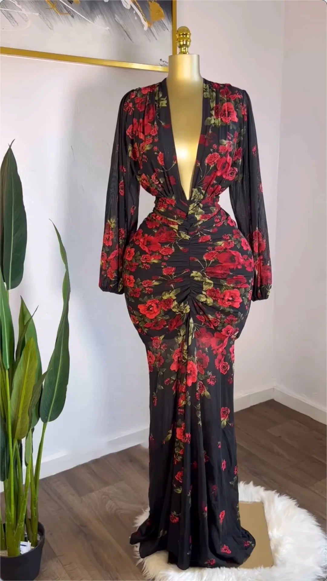 CM.YAYA Women Full Sleeve Floral Print V-neck Elegant Long Dress Ruched Holiday Birthday Evening Sexy Party Dresses Vestidos