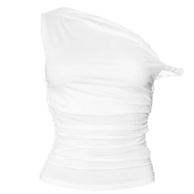 Simple Basic Casual Summer Tank Top Sleeveless Solid Color Off Shoulder Side Ruched Crop Tops Vestidos Spring Women T S - Smarsty