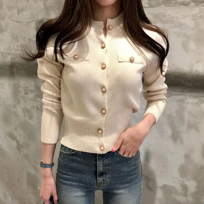 2025 Autumn Long Sleeve Fashion Women Cardigans Sweater Knitted Coat Short Casual Single Breasted Korean Slim Chic Ladies Tops - Smarsty
