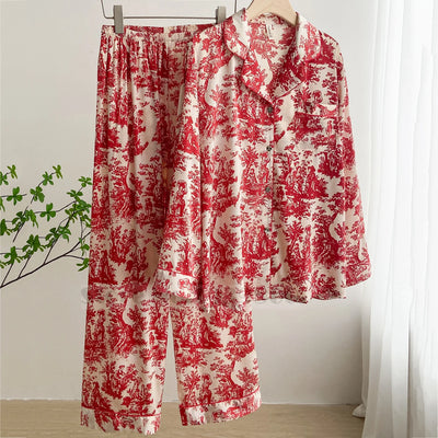 Fashion Print Flower 2PCS Pajamas Set Women Sleepwear Spring Summer Trouser Suits Lounge Wear Loose Satin Homewear Pijamas Suit - Smarsty