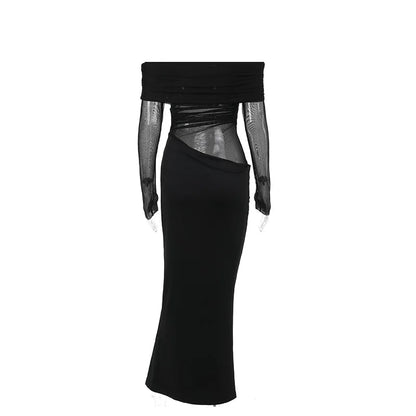 Y2k Summer New Solid Color Long Sleeve Off Shoulder Dresses Sexy Wrap Hip Mesh See Through Ruched Patchwork Long Dress 2024 New - Smarsty