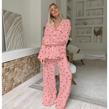 Summer New Love Heart Print Pyjama 100% Cotton Long Sleeve Set 2Pcs Outfit Lapel Sleepwear Button Down Women's Pajamas Nightwear - Smarsty
