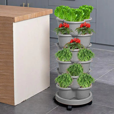 Plastic Stackable Vertical Flower Pot Multi-layer Garden Planter Tower with Movable Casters for Strawberry vegetable Frame Grow