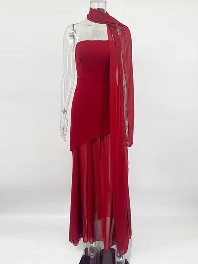 TARUXY Fashion Strapless Dress With Ribbon Female Elegant Sleeveless Mesh Beach Vacation Long Dress 2025 Spring New Women Dress - Smarsty
