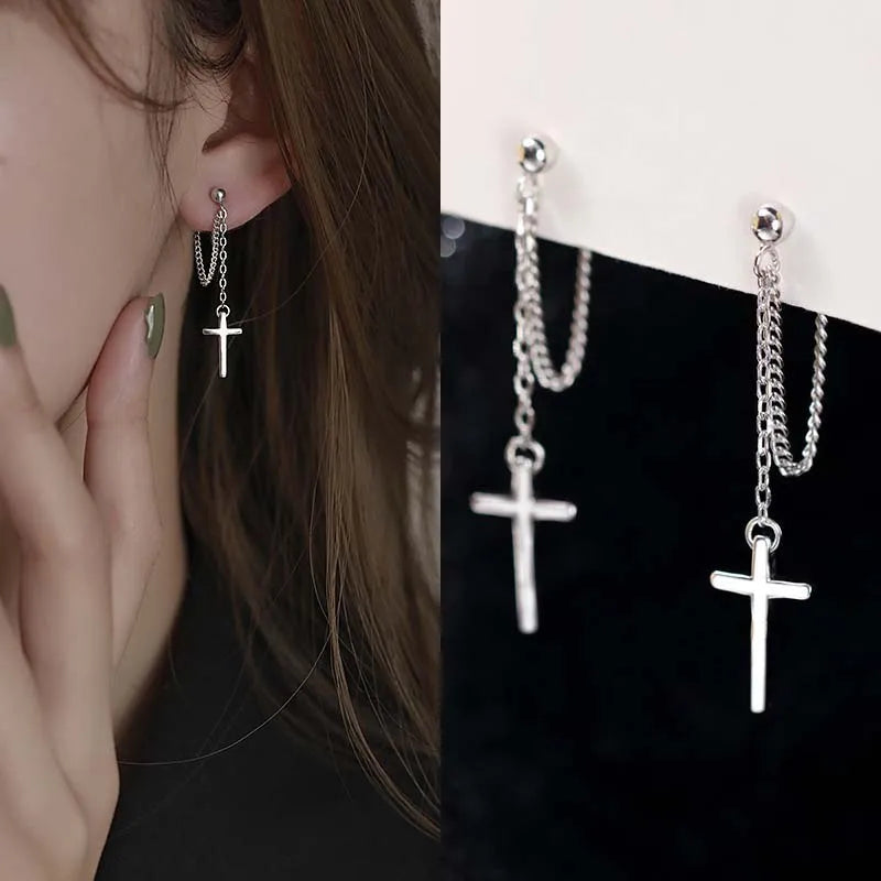Punk Silver Cross Drop Earrings for Unisex Gothic Style - Smarsty