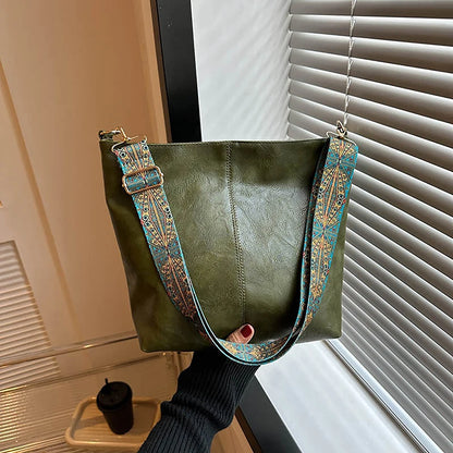 Wide Geometric Strap Shoulder Bag Large Capacity Crossbody Bags For Women,Retro Pu Leather Women's Bag For Shopping Travel - Smarsty
