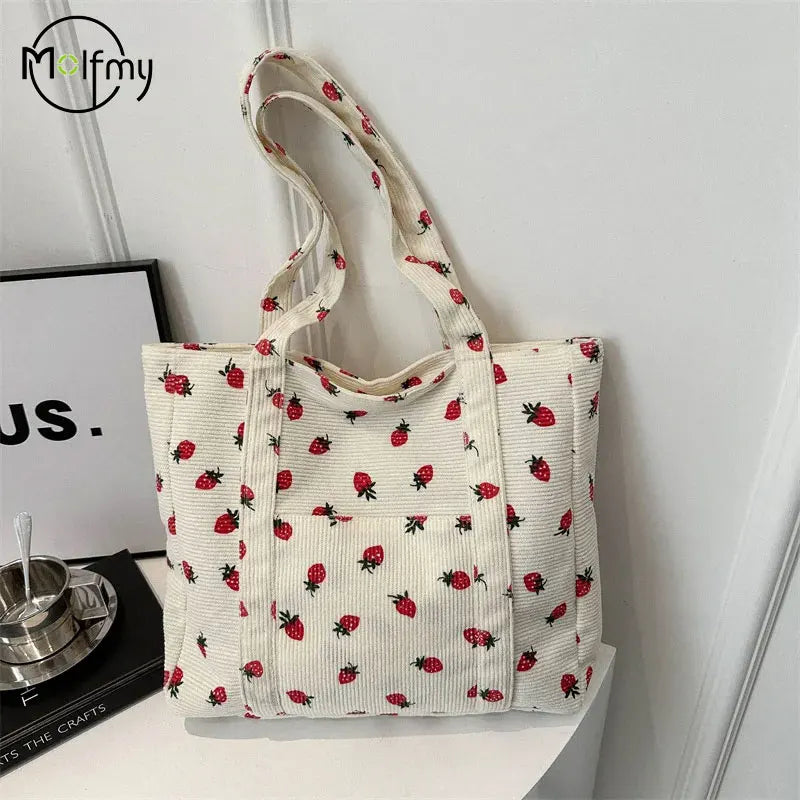 Corduroy Handbag Strawberries Beach Tote Large Capacity - Smarsty