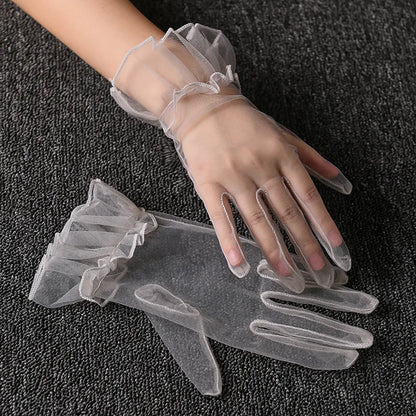 Women Lace Tulle Gloves Stretchy Full Finger Wedding Gloves - Smarsty