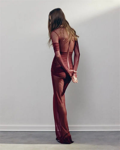Mozision Mesh Ruched Sexy Maxi Dress For Women Fashion Zipper Patchwork See Through Long Sleeve Elegant Club Party Long Dress - Smarsty