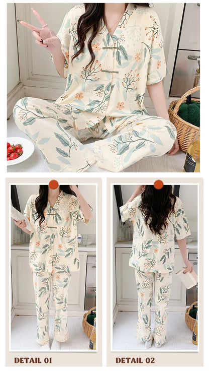 Pigma For Women Cotton Pajama Sleepwear Big Size Pajamas Nightwear Summer Women's Short Sleeved Long Pants Cardigan Pajama Set - Smarsty