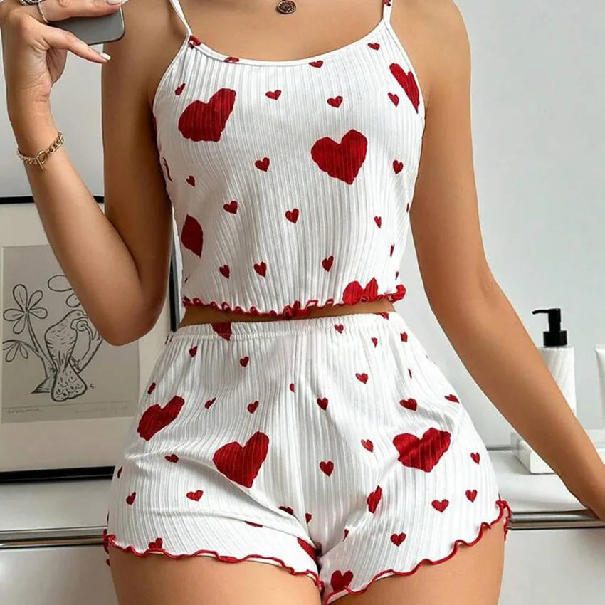 Women's Pajamas Set Sleepwear 2 PCS Short Tank Tops And Shorts S M L White Ventilate Soft Casual Love Printing - Smarsty