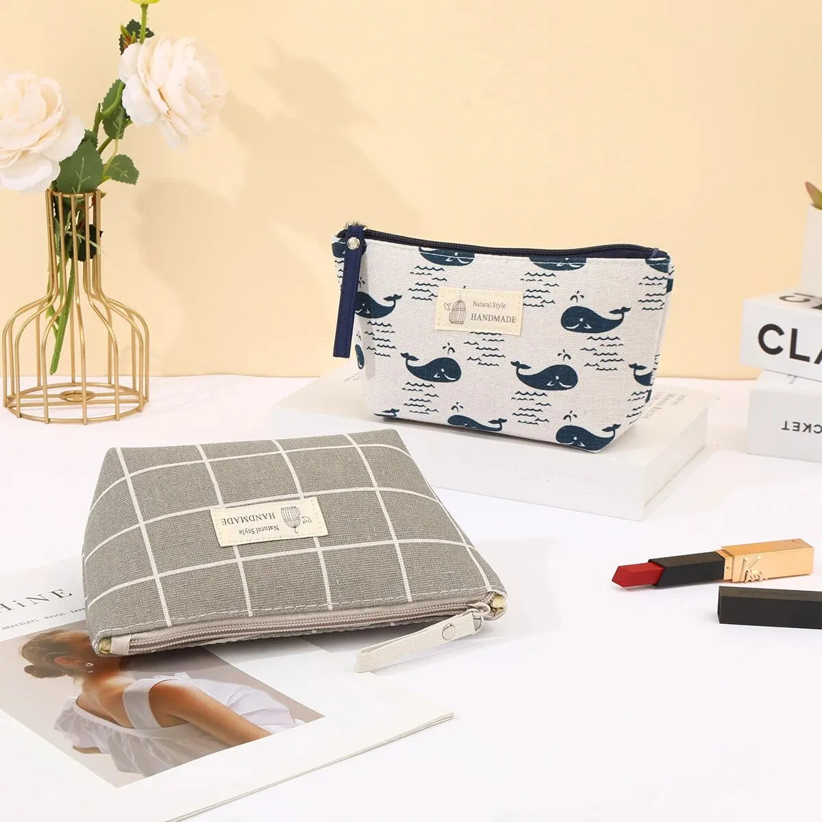 Canvas Cosmetic Bag Zipper Case With Card Holder For Travel - Smarsty