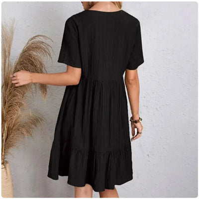 Women Summer Peplum Dresses Spring V-Neck Short Sleeve Loose Waist Ruffle Fit Flare Vocation Dresses - Smarsty
