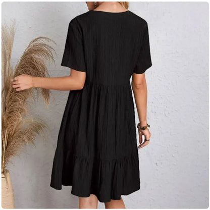 Women Summer Peplum Dresses Spring V-Neck Short Sleeve Loose Waist Ruffle Fit Flare Vocation Dresses - Smarsty