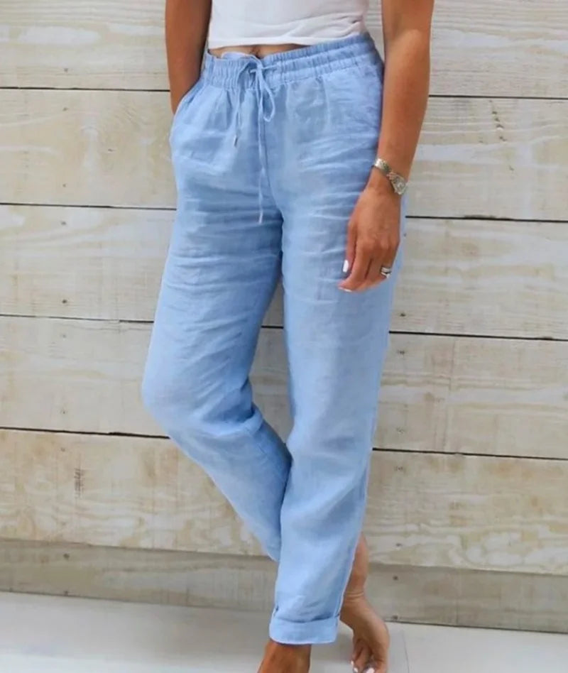 Summer Cotton Linen Pants For Women High Waist Elastic Sweatpant 2025 Loose Pencil Pant Casual Streetwear Solid Pocket Trousers - Smarsty