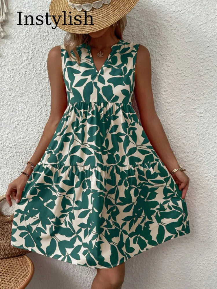 Women Boho Print Mini Dress Summer Elegant Sleeveless V Neck Ruffle A Line Tank Dress Casual Loose Oversize Beach Party Sundress - Smarsty