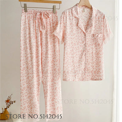 Fashion Print Flower 2PCS Pajamas Set Women Sleepwear Spring Summer Trouser Suits Lounge Wear Loose Satin Homewear Pijamas Suit - Smarsty