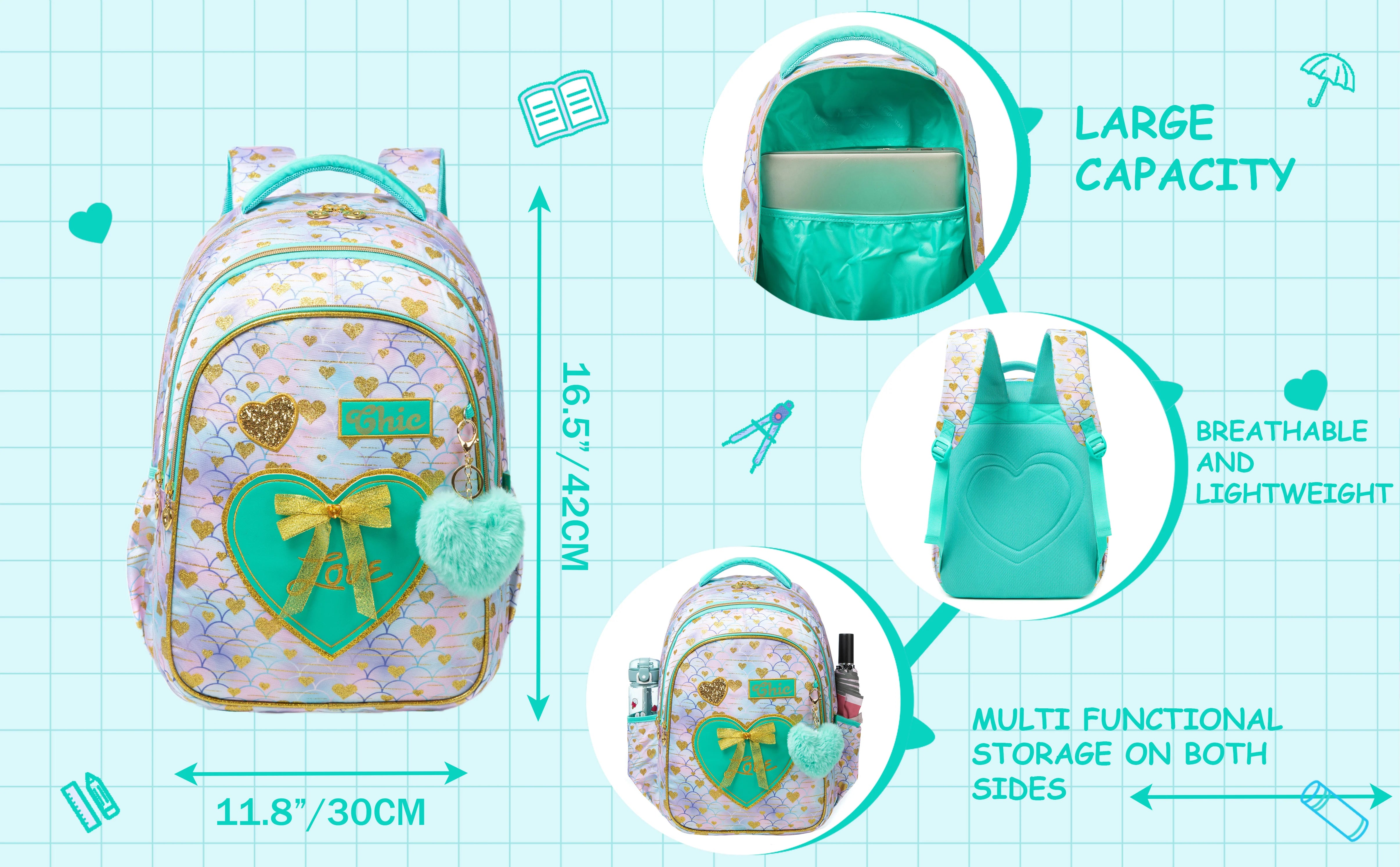 Girls Backpack With Bowknot Ribbon And Lunch Bag Pen Case - Smarsty