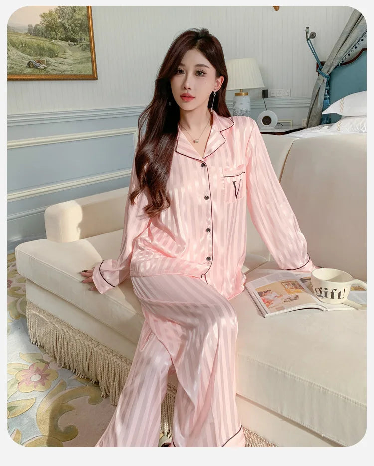Women's Ice Silk Pajama Set Long Sleeve Long Pants Lightweight Sleepwear for Spring And Autumn Comfortable Homewear Pj Set - Smarsty
