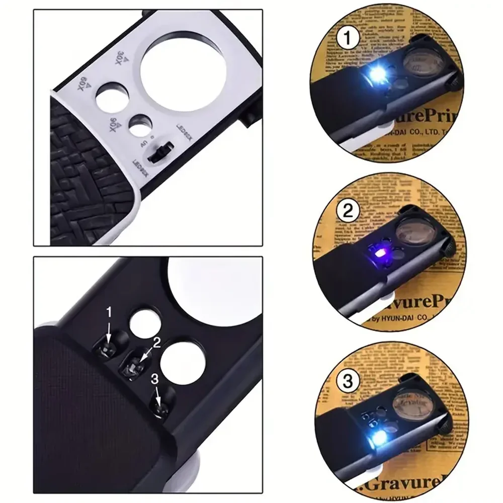 Portable Triplex Magnification Loupe 30X-90X-Slide-Out LED/UV Lighted Jewelry Magnifier for Precision Gemology & Micro-Engraving - Smarsty