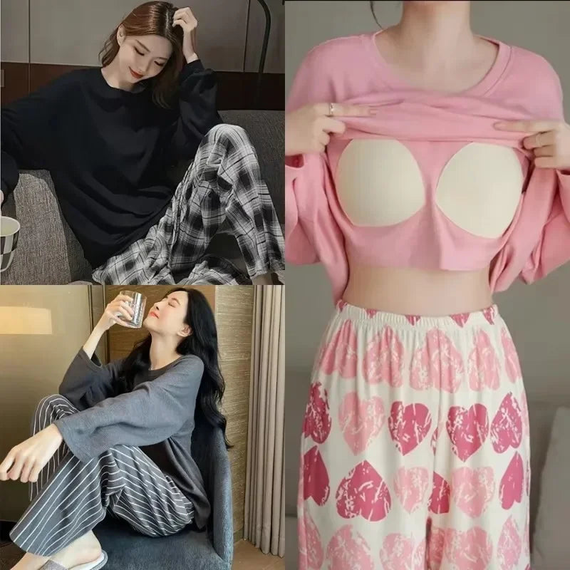 2PCS/Set Women Big Size with Chest Pads Pajamas Spring Autumn and Winter Long-Sleeved Headset Loose Homewear Can Be Worn Outside - Smarsty