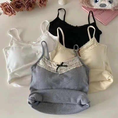 New Knitted Crop Top For Women Solid Color Lace Sling Tops Knitwear Tank Top Female Sexy Slim Camisole Sweet Short Beau Back Top - Smarsty
