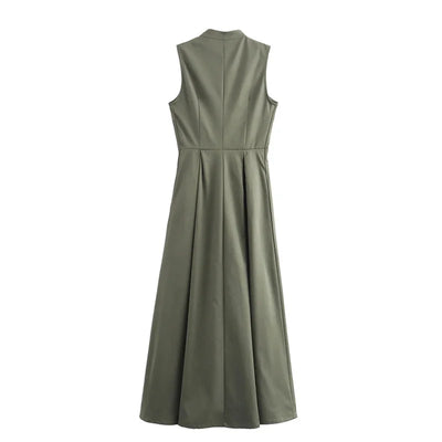 MUJER Zipper Long Dress Woman Pleated Sleeveless Bodycon Dress Summer Elegant Party Dresses For Women 2025 New Midi Dresses - Smarsty