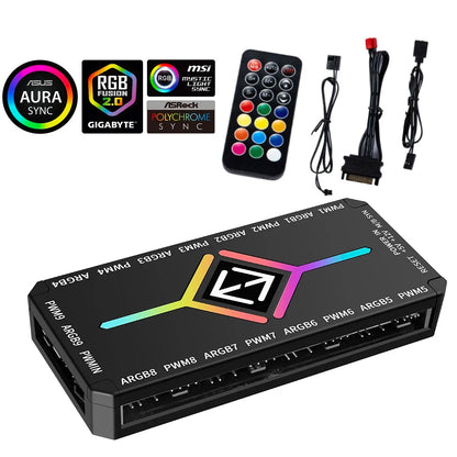 Multi Port 3 in 1 PWM Magnetic ARGB Fan Hub Splitter for PC with Remote Control Supports 9 Fans and Custom Lighting