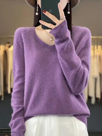 Fashion100% Merino Wool Sweater Cashmere  Pullover Women Knitwear V-Neck Long Sleeve  Autumn Winter Fashion Basic Clothing  Tops - Smarsty