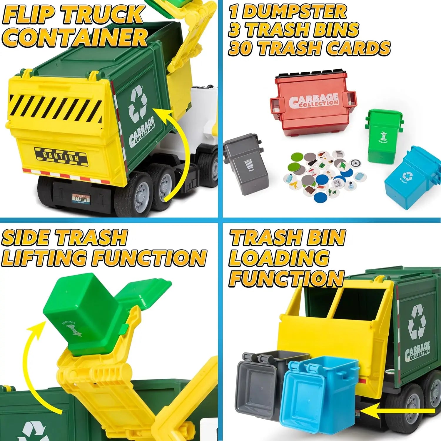 JOYFY Large Friction Powered Garbage Truck Toy Set With Includes Dumpster Trash Bins for Boys Toys Birthday Christmas Gift