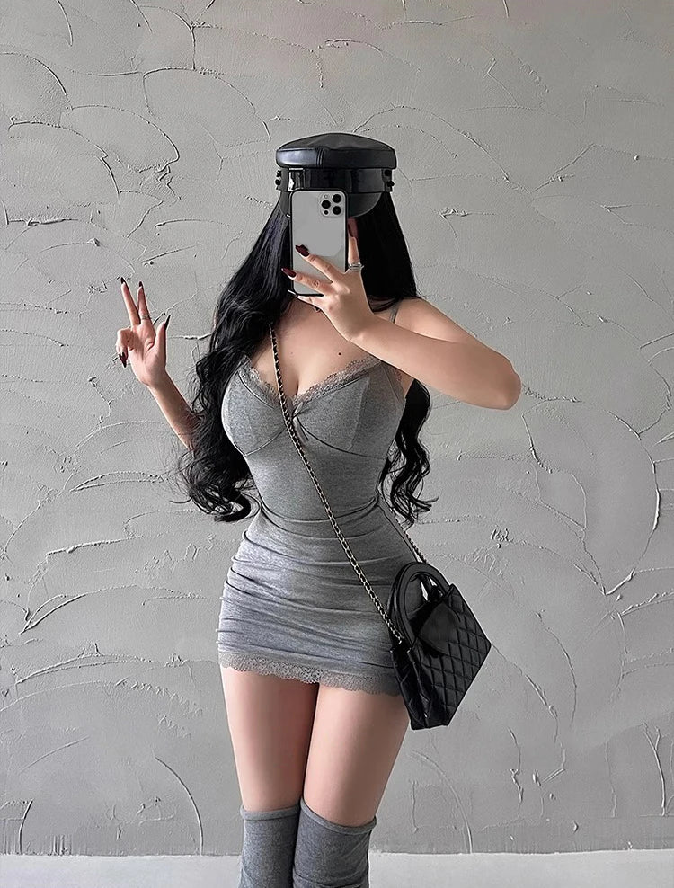 Y2K Retro Lace Patchwork Spaghetti Strap Black Bodycon Dress Mini Fashion Aesthetic Bow Club Party Sexy Dresses for Women - Smarsty