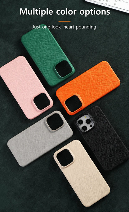 MagSafe Leather Case Natural Cowhide Lychee Finish Premium for iPhone 15, 16, 17 - Smarsty