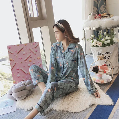 Women's Pajamas Set V-Neck Button down Top and Trousers Sleepwear Homewear Casual Nightwear Loungewear Autumn Winter Two-Piece - Smarsty
