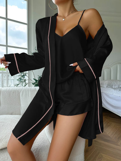 Simple Satin Pajama Set Long Sleeve Belted Robe  V Neck Cami Top And Shorts Women's Sleepwear - Smarsty