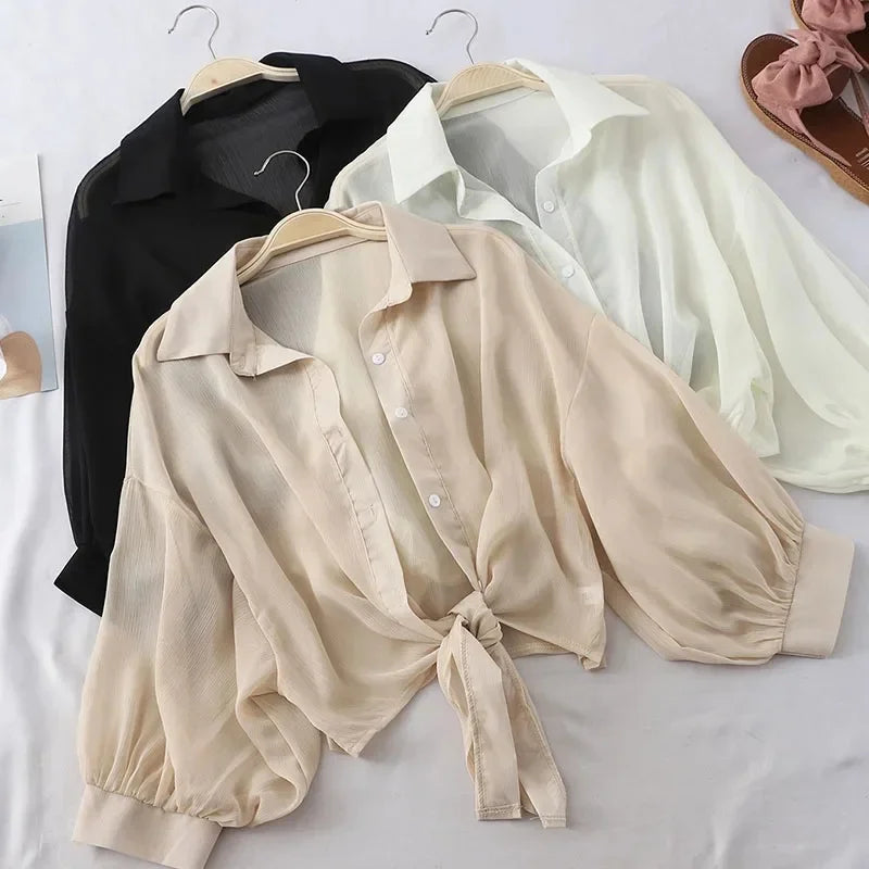 Casual Loose Hollow White Clothes Elegant Solid Color Tied Waist Blouse Women Summer Bat Half Sleeve Button Chiffon Shirt - Smarsty