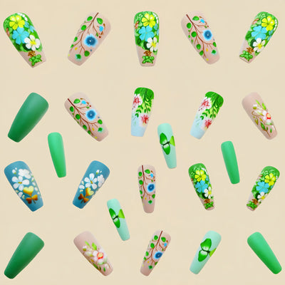24 Piece Set Medium Long Press On Nails with Peach Flower Design - Smarsty