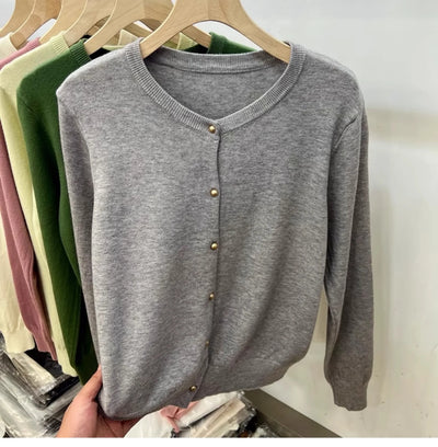 AOSSVIAO Long Sleeve Sweaters Cardigan Spring Autumn Women O-Neck Knitwear Tops Clothing Fashion Basic Tops - Smarsty