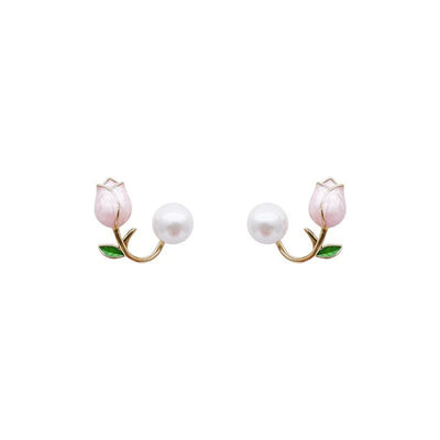 Elegant Rose Stud Earrings With Imitation Pearl Pink Tulip - Smarsty