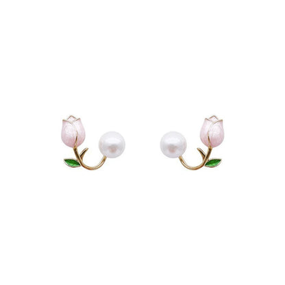 Elegant Rose Stud Earrings With Imitation Pearl Pink Tulip - Smarsty