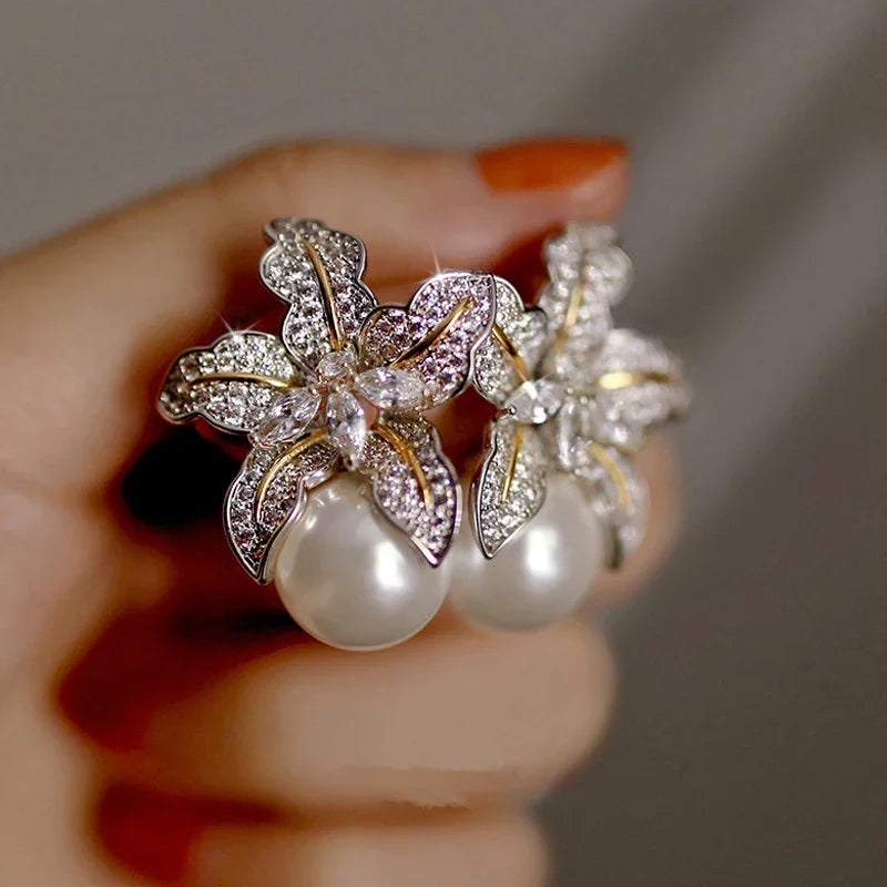 Elegant Flower Imitation Pearl Earrings With CZ Stone - Smarsty
