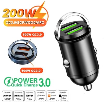 100W/200W QC3.0 PD Mini Car Charger 12-24V Lighter Fast Charging Car USB Type C Charger for Xiaomi Samsung Huawei iPhone Power - Smarsty