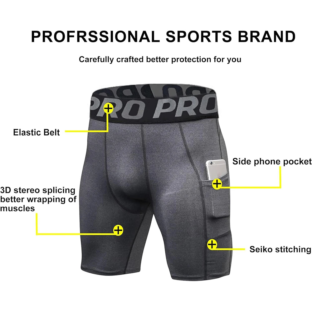 Mens Gym Shorts with Pockets Workout Compression Leggings for Men Polyester Boxer Briefs Running Basketball Athletic Tights - Smarsty