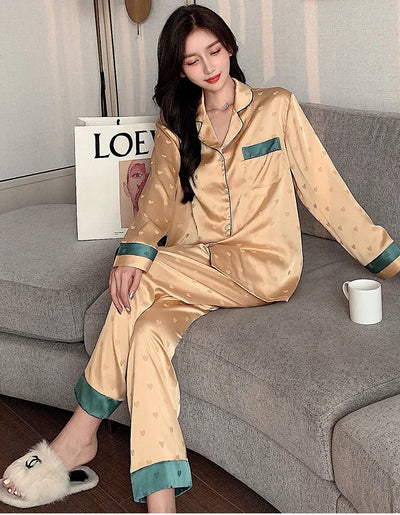 Top Autumn New Ice Silk Women Pajama Lapel Button Cardigan Outfits for Women 2 Piece Set Fashion Printing Set Clothes for Women - Smarsty