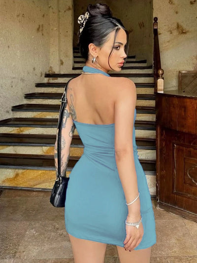 Halter Dress Seveless Backless Side Slit Neck-mounted Mini Dresses Knitted Sheath Streetwear 2024 Summer Woman Clothing Y2K 2406 - Smarsty