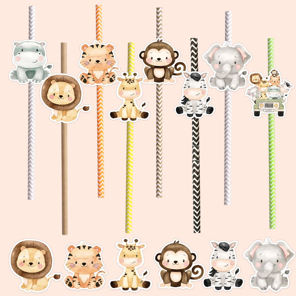 16Pcs Eco-Friendly Wild Animal Paper Straws for Kids Parties - Smarsty