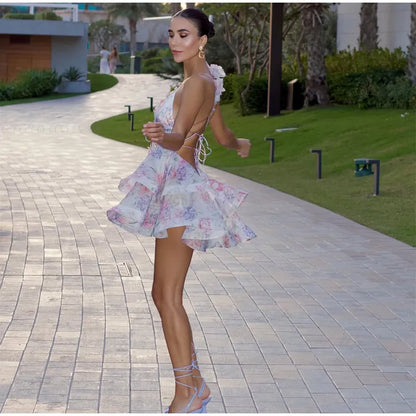 Women Mesh Patchwork Flower Print Mini Dress Elegant V-neck Short Sleeve High Waist A-line Dresses 2025 New High Street Vestidos - Smarsty