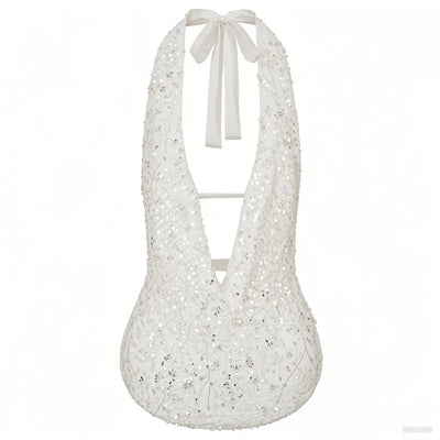 Sexy Deep V Neck Beach Tank Tops Women y2k Coquette Summer Sequins Patchwork Sleeveless Vest Vacation Backless Beach Tops - Smarsty