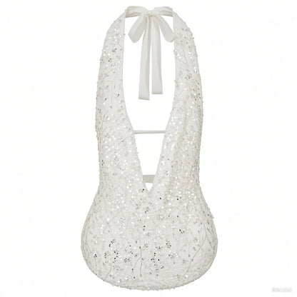 Sexy Deep V Neck Beach Tank Tops Women y2k Coquette Summer Sequins Patchwork Sleeveless Vest Vacation Backless Beach Tops