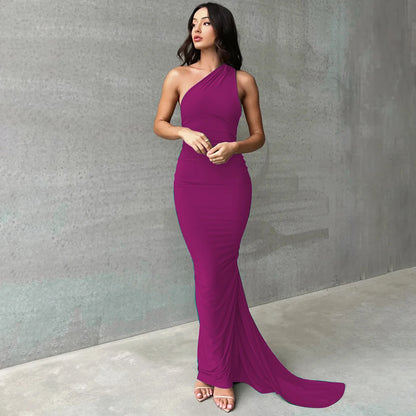 Hugcitar One Shoulder Backless Adjustable Scarf Loop Ruched Sexy Maxi Dress Women Elegant Y2K Streetwear Festival Outfit - Smarsty